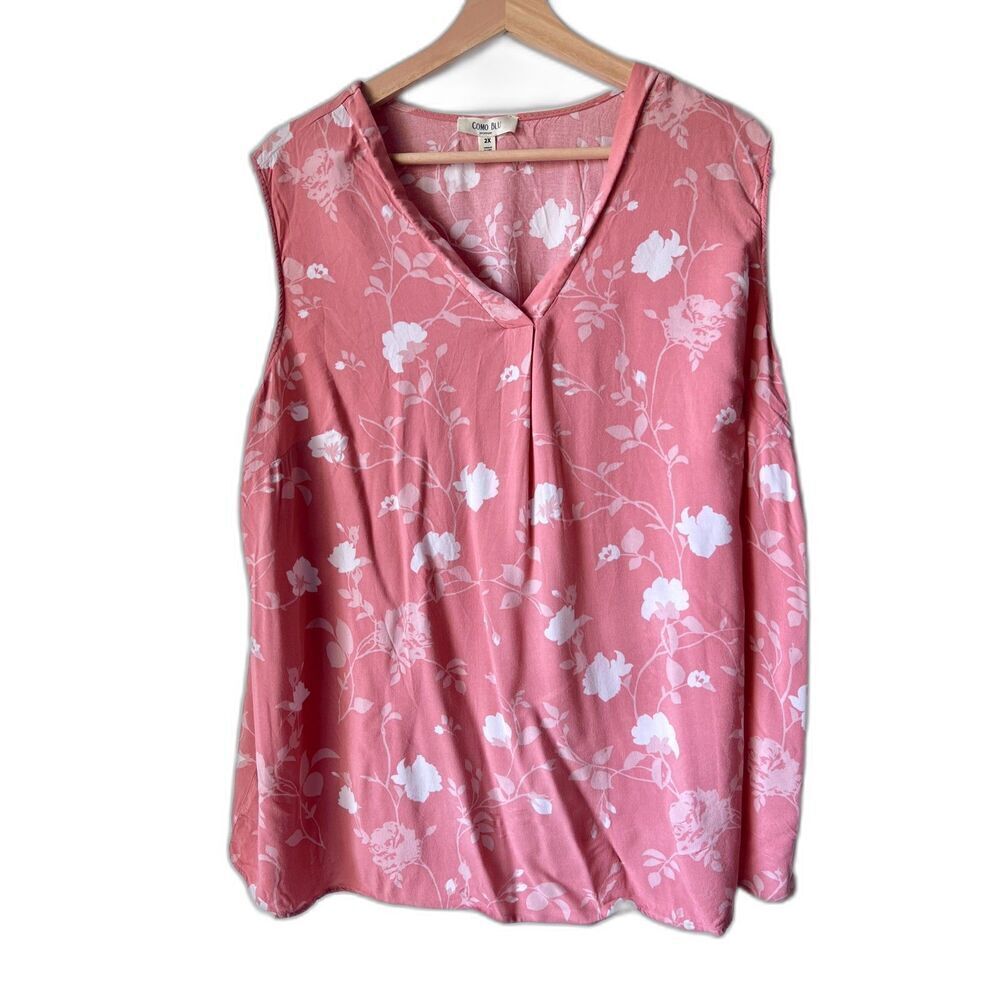 Como Blue sleeveless women blouse floral peach pink white casual plus size 2X